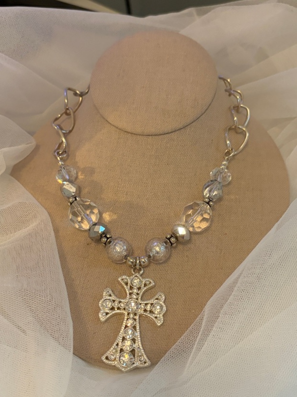Silver Crystal Cross Statement Necklace - Women Jewelry